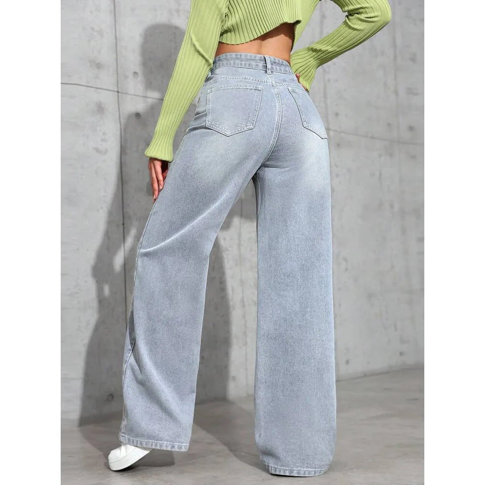 Denim Wide Leg Pants Women Jeans High Waist Straight Trousers Distressed Washed Pockets 2025 Loose Floor Length Streetwear.