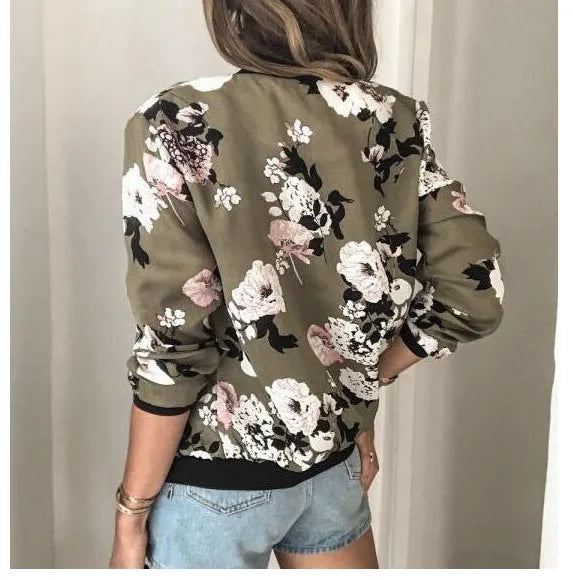 Women Elegant Zipper Bomber Jacket Spring Autumn Floral Printed Jackets Office Wear Slim Office Coat Retro Outwear.