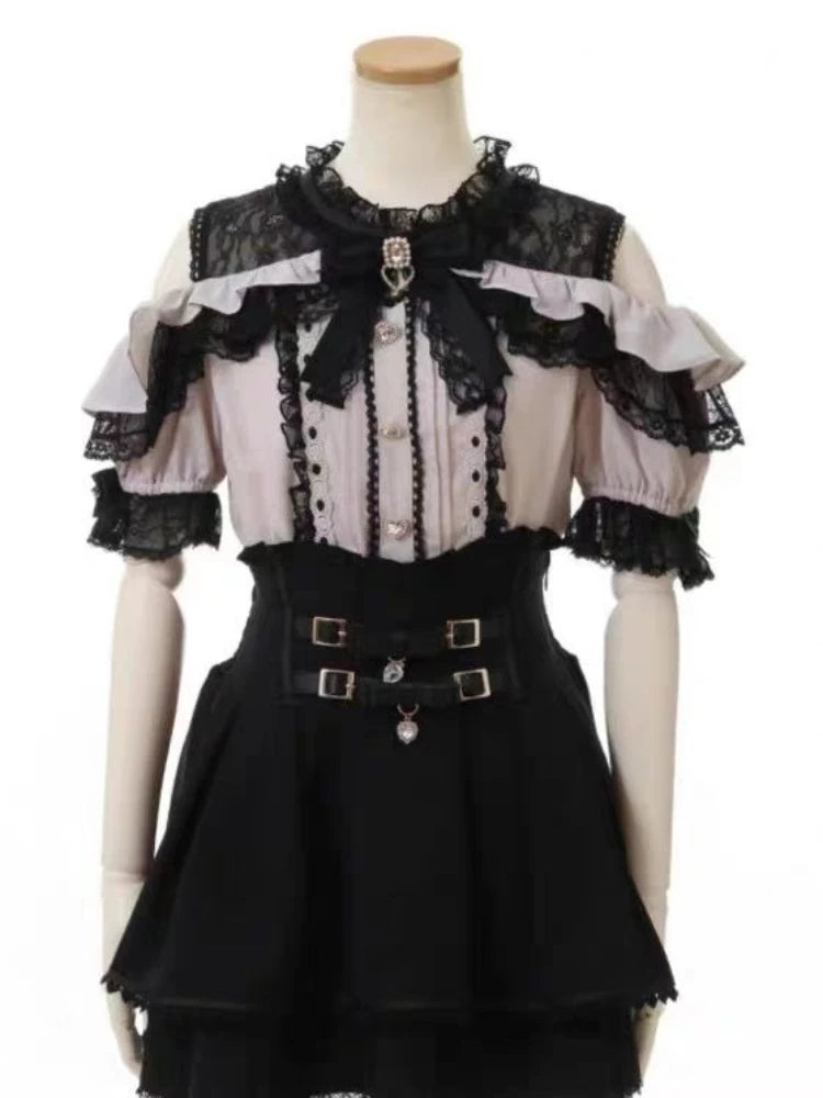 Jirai Kei Sweet Lolita Skort 2024 Summer - Double Bowknot High Waist Short Skirt with Leather Buckle Slim Fit Adjustable Waist.