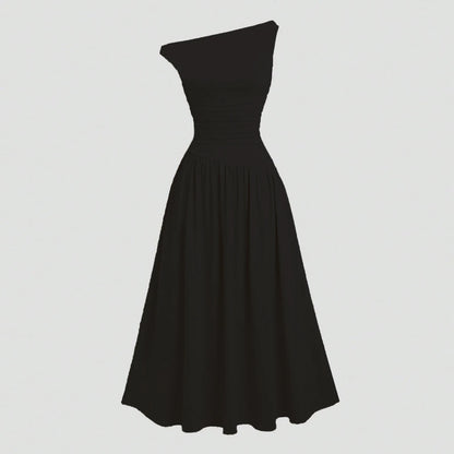 Mia Muse Kleider Sommer Französisch Einfarbig Asymmetrische Falten Ärmellose One-Shoulder Drapierte Midi Basics Kleider Für Frauen