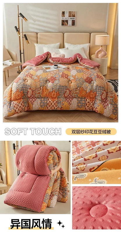 Home Textiles Comforter Stitch Printed Velvet Quilt Comforter Throw Blankets for Beds Winter Thicken Warm Quilt Core Bedding 이불