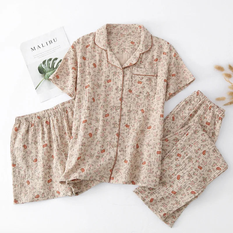 Pajamas pure cotton three-piece set spring and summer thin crepe autumn gauze lapel short-sleeved trousers shorts loungewear set