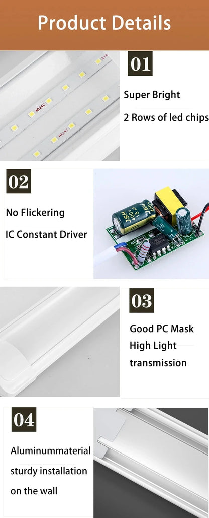 Led Tube Light With Switch Wire 110V 220V 30/50cm Lighting Strip Lamps 10W 20W For  Living Room Bedroom Closet Kitchen Lamp.