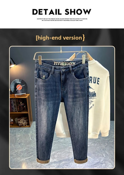 Men's Slim Straight Jeans Fashion Korean Autumn Trousers Comfortable Elastic Black Blue Fitted Business Casual Denim Pants.
