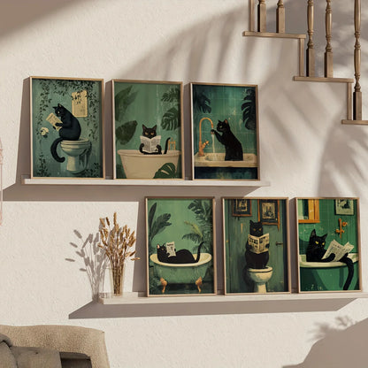 Set of 6 Unframed Cat Bathroom Canvas Prints - Whimsical & Funny Black Cat Wall Art Posters for Home Decor, Perfect for Livin.