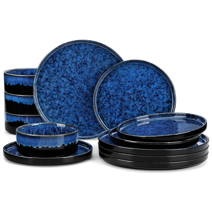 vancasso 12/24 Piece Dinner set Black Blue Reactive Glaze Vertical edge Dinnerware set with 4PCS Dinner Plate/ Dessert/Bowl.