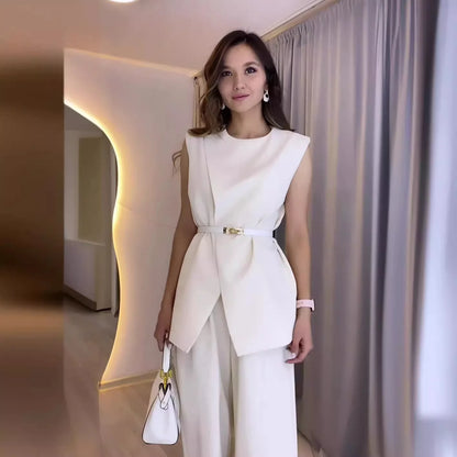 Women Women Piece Set High Waist Pocket Pant Sets Tops Solid Sleeveless Spliced Elegant Round Neck Top Suits Office Lady.
