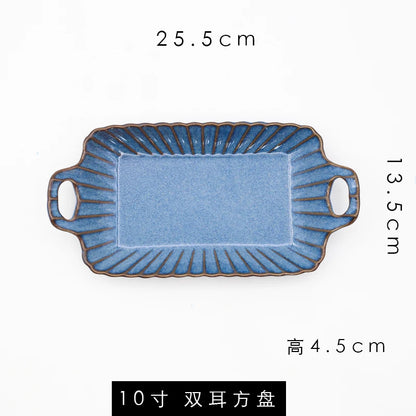 Retro Household Ceramic Tableware Kiln Variable Glaze Western Plate Creative Long Plate Main Dish Dinner Plate Kitchen Supplies