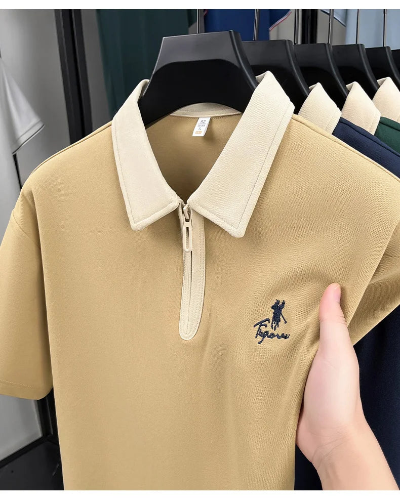 Luxury brand short sleeve polo shirt men's fashion Pony embroidered summer trendy breathable casual color blocked lapel T-shirt.