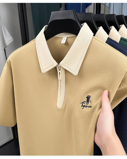 Luxury brand short sleeve polo shirt men's fashion Pony embroidered summer trendy breathable casual color blocked lapel T-shirt.