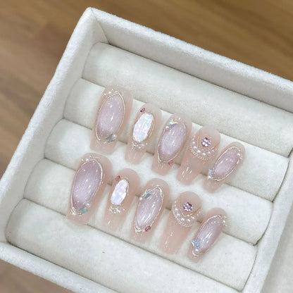 10Pcs Handmade Press on Nails Long Ballet Blue Fake Nails with 3D Ocean Moon Rhinestone Design False Nails Full Cover Nail Tips.