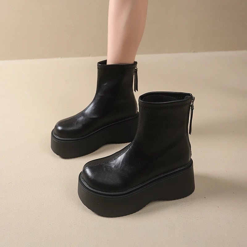 Autumn Winter Chunky Heel Women Short Boots Vintage Round Toe Platform Shoes Ladies Short Plush Gothic Ankle Booties.