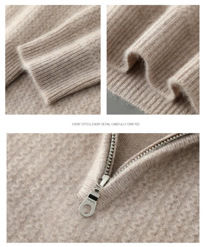 Men's 100% Merino Wool Thicken Sweater Half Zipper Mock Collar Pullover Autumn Winter Cashmere Knitwear Business Casual Clothing