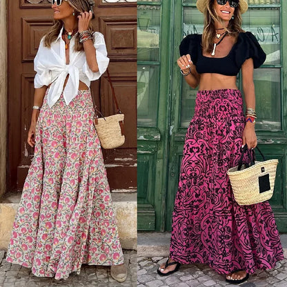 2025 Women's Skirt Elastic Waist Big Skirt Fashion Print High Street Vacation Beach Long Skirt for Female.