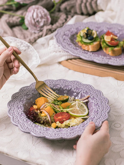 Solid Color Ceramic Tableware Lace Embossed Ceramic Tableware Bowl Plate Cup Rustic Irregular Dinner Plate  Dinner Plates.