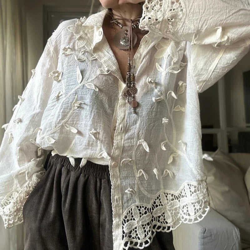 Casual Solid Color Long Sleeve Vacation Shirts Elegant Lapel Floral Hollow Out Blouse Fashion Women Single Breasted Commute Tops.