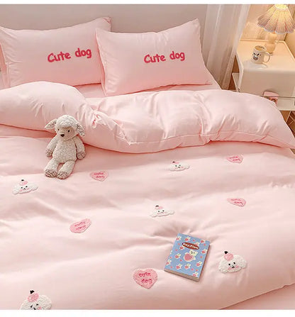 Ins Girly Heart Towel Embroidery Bedding Four-piece Set Soft Washed Cotton Bed Sheet Quilt Cover Three-piece Set.