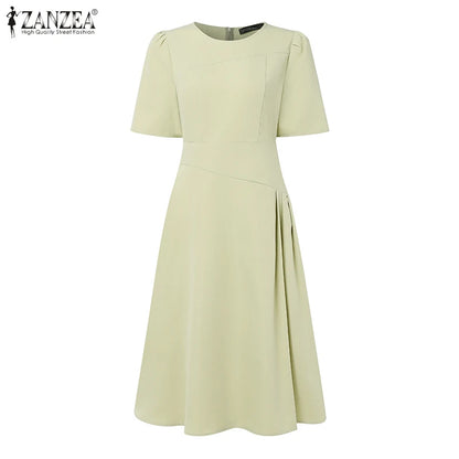 ZANZEA Elegante Büro Frauen Kleider Sommer Stilvolle Solide Party Arbeit Kleid Mode Kurzarm Plissee Vestidos Midi Sommerkleid