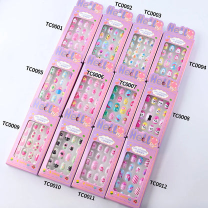 24Pcs/box Kids nails for Girl Cartoon Pattern False Nail Cute Child Fake Nails Tips Kawaii Acrylic Artificial Press on Nail+Tool.