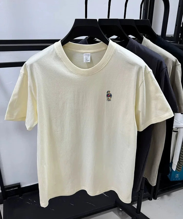 Light luxury 100% cotton men's T-shirt short sleeve round neck skin friendly comfort fashion brand cartoon bear embroidered top.