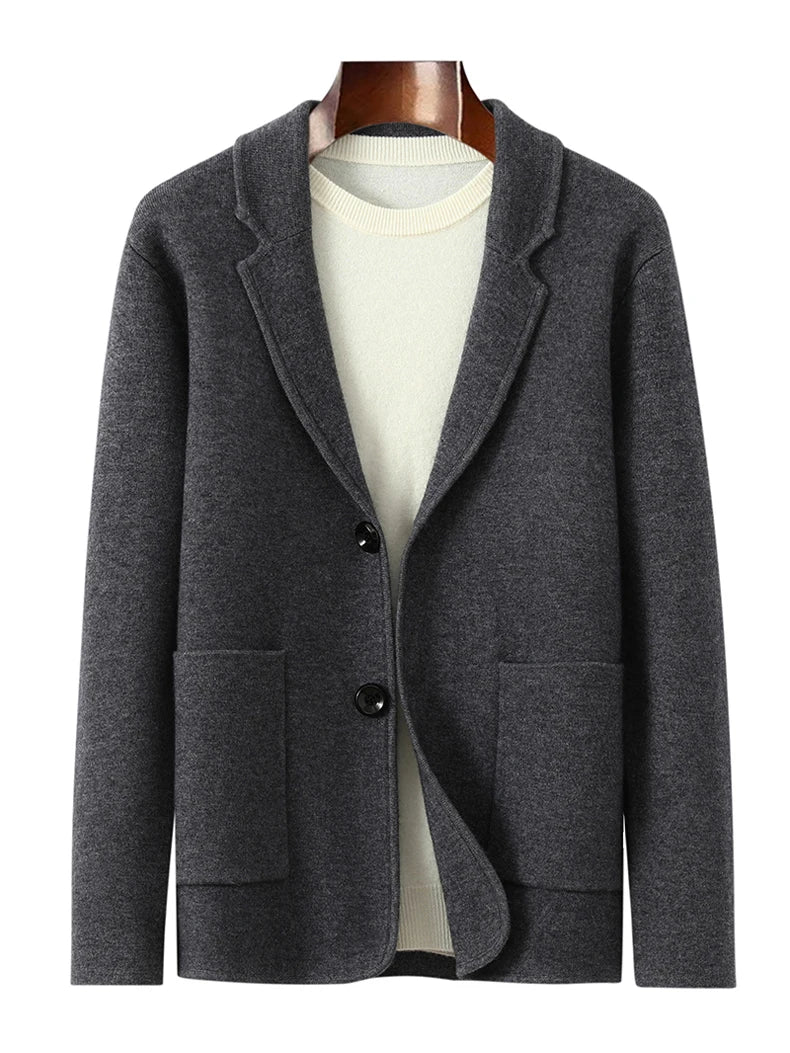 100%Cashmere Suit Men's Suit Collar Knitted Cardigan Business Casual Coat High Waisted Knitted Shorts Winter Thick Two-piece Set.