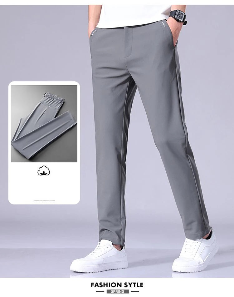Ultra-thin Elastic Men's Casual Trousers Summer Quick-drying Ice Silk Slim Straight Business Solid Color Trousers Black Gray.