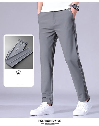 Ultra-thin Elastic Men's Casual Trousers Summer Quick-drying Ice Silk Slim Straight Business Solid Color Trousers Black Gray.