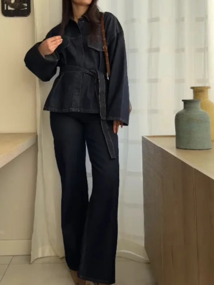 Retro Classic Denim Jacket Pants 2pcs Set Strap Coat Women Straight Leg Pants Autumn Stylish Women's Casual Suit