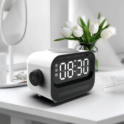 Modern Bluetooth Alarm Clock loudspeaker with 15W Wireless Charging, Night Light & Ambience Light.