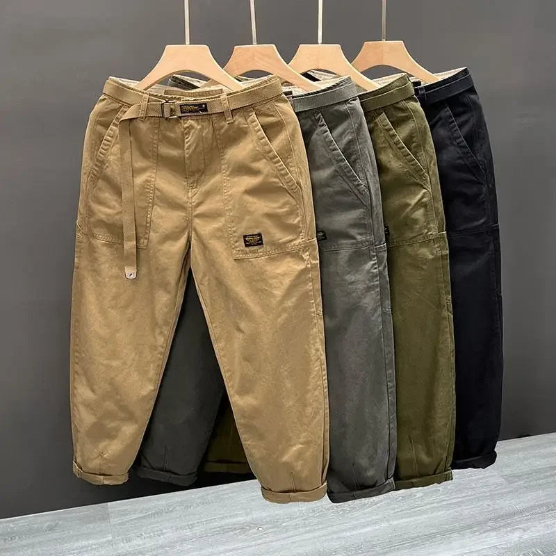 Autumn Summer Wide Leg Cotton Work Trousers Men's Cone Straight Loose Wear Resistant Pocket Pants Retro Wash Casual Workwear.
