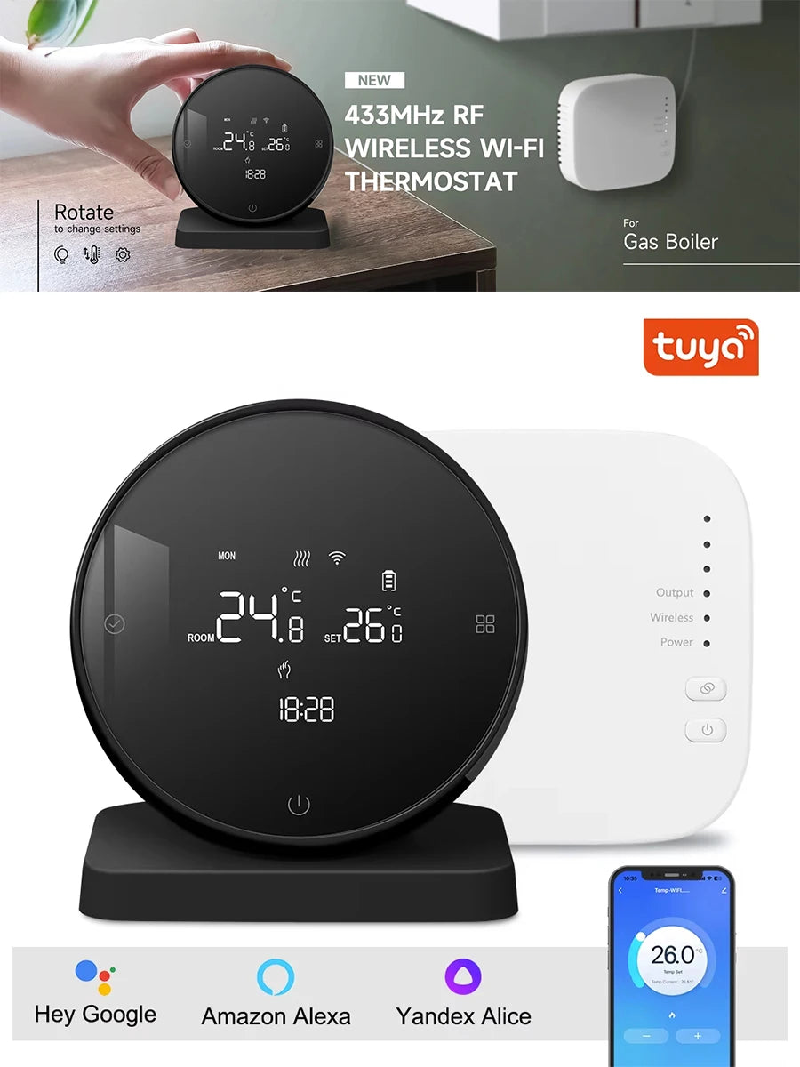 RKHK Tuya WiFi Smart Thermostat，RF Wireless Receiver Temperature Controller，For Water Gas Boiler Support Alexa and Google Home.