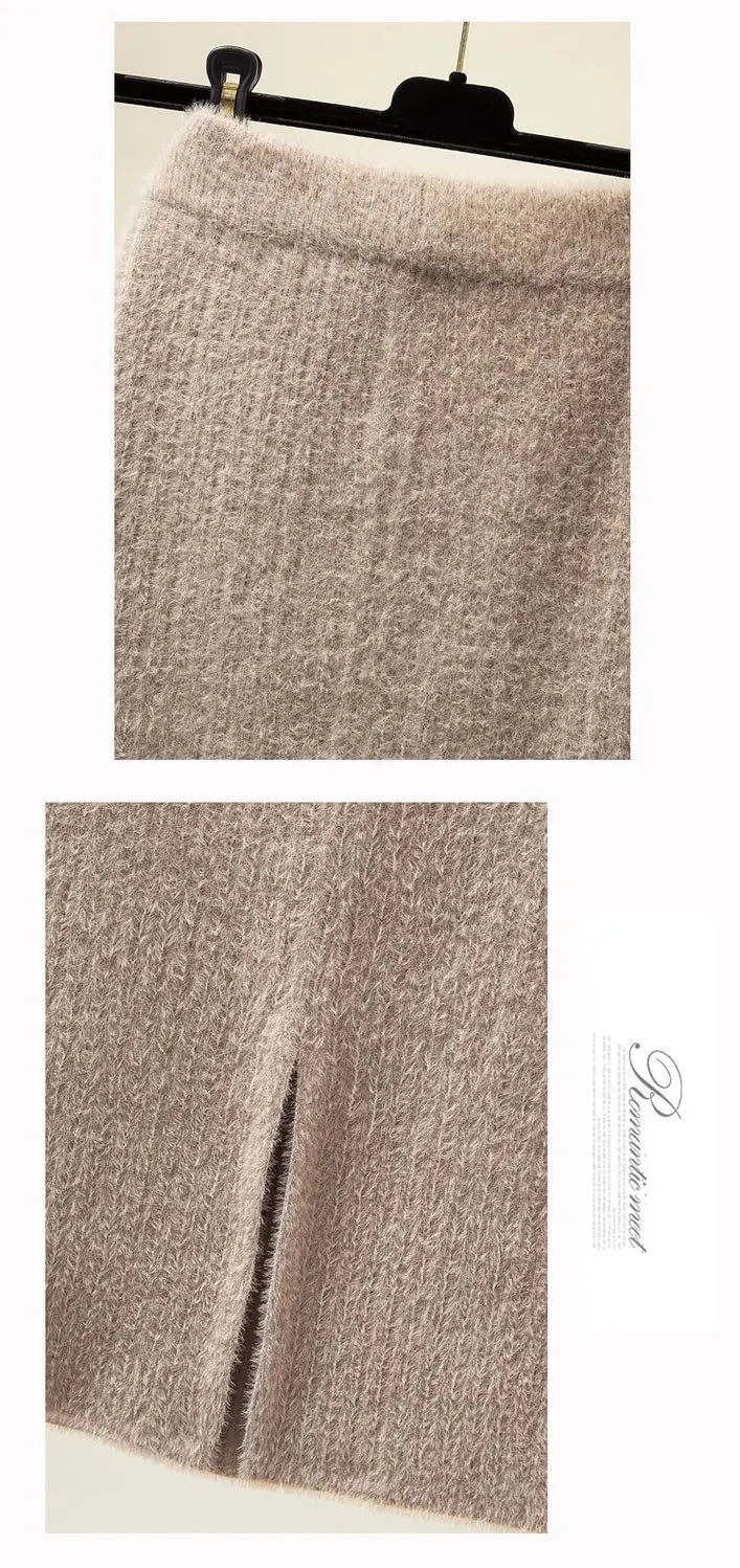 Mink velvet skirt female autumn and winter mid-length knitted one-step skirt split straight winter skirt casual solid long skirt.