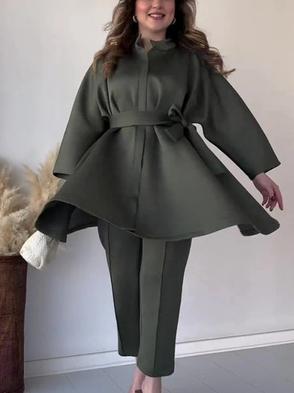 Ramadan Eid Muslim Two Piece Set Lace-up Long Shirt with Pants Women Suits Shirt Blouse Musulman Ensembles Islamic Dress Sets.