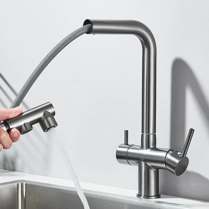 Filtered Kitchen Sink Faucet Pull Out Spray 360 Rotation Water Filter Tap Dual Sprayer Drinking Water Tap Vessel Sink Mixer