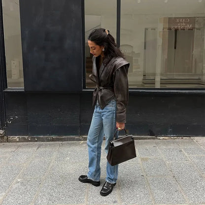 Vintage V-neck Belt Faux Leather Jackets Women Chic Full Sleeve Lace Up High Waist Lapel Overcoat Autumn Female Street Outerwear.