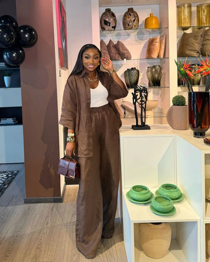 Cotton Linen Set Women Spring Summer Loose Oversize Long Sleeve Shirt Long Pants 2 Piece Sets Casual Office Ladies Trousers Suit.