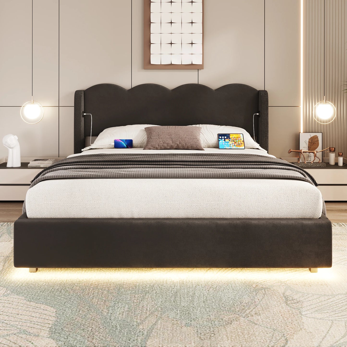 Gepolstertes Doppelbettrahmenpaneel, flache Nudelrahmenhalterung aus Wellpappe, mit LED-Licht, USB+C-Schnittstellenaufladung, 160 cm × 200 cm