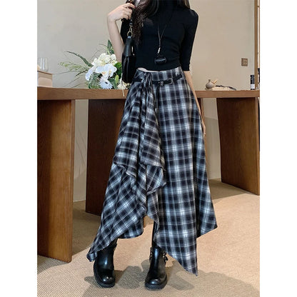 MEXZT Vintage Plaid Woolen Midi Skirt Women Y2K Harajuku Belt Asymmetrical Skirts Winter Gyaru Grunge Korean Design Faldas New.