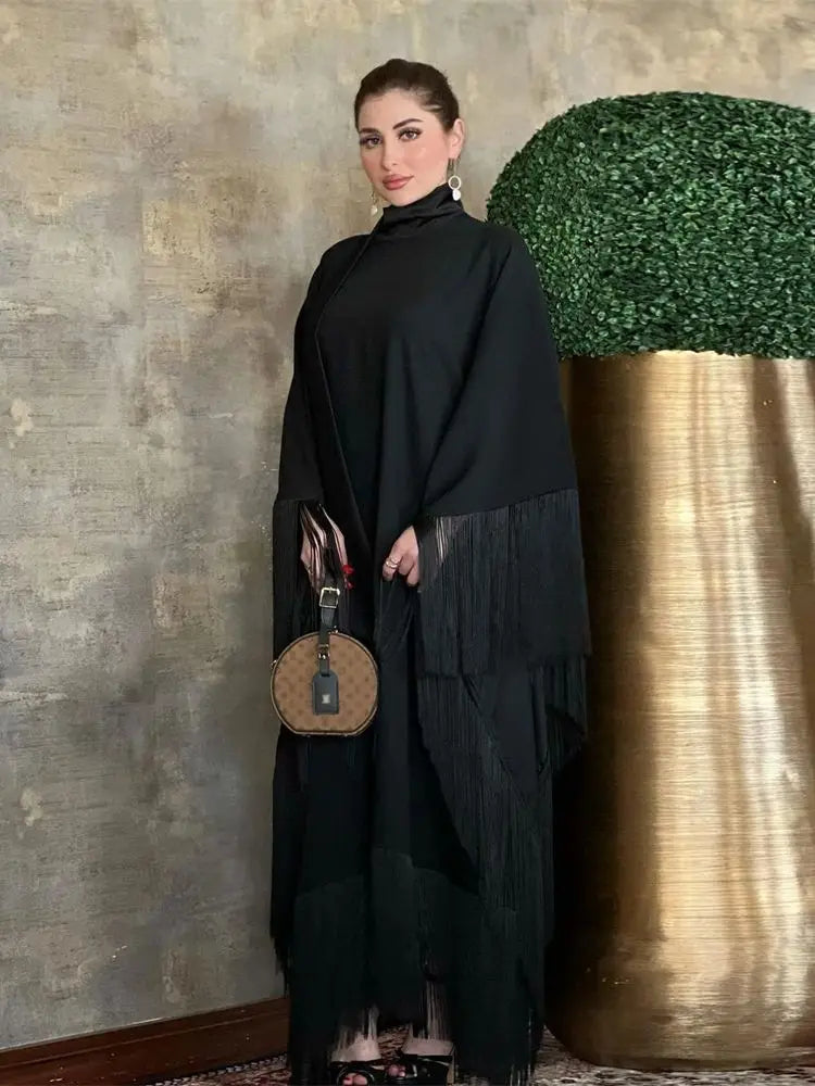 Eid Satin Luxury Green White Black Pink Khimar Tassel Butterfly Batwing Abaya For Women Islam Muslim Maxi Dress Kaftan Kebaya