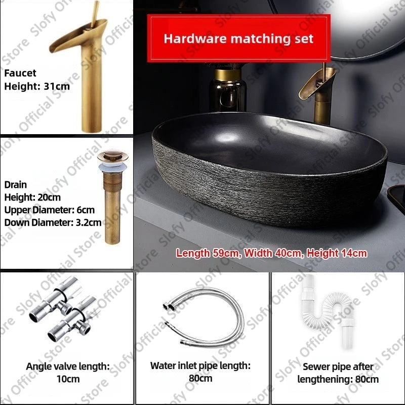 Retro-Kunst-Keramikwaschbecken, mehrere Stile, schwarzes Waschbecken, Einzelschüssel, Low-Key-Luxus-Aufsatzwaschbecken für Haushalt, Hotel, Badezimmer