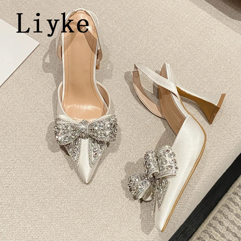 Liyke Spring Summer Fashion Rhinestone Bowknot Women Pumps Sexy Silk Pointed Toe Strange High Heels Party Prom Shoes Gold Silver.