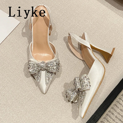 Liyke Spring Summer Fashion Rhinestone Bowknot Women Pumps Sexy Silk Pointed Toe Strange High Heels Party Prom Shoes Gold Silver.