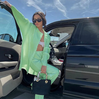 2024 Spring Autumn Women's New Solid Color Button Shirt Long Sleeve Drop Feel Loose Soft Wrinkle Casual Two Piece Set