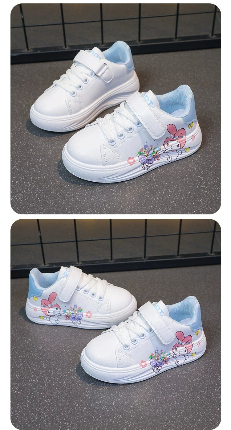 Baby Girls White Shoes Kids Casual Sneakers Cartoon Soft Breathable Fashion Children White PU Leather Shoes Size 26-37.