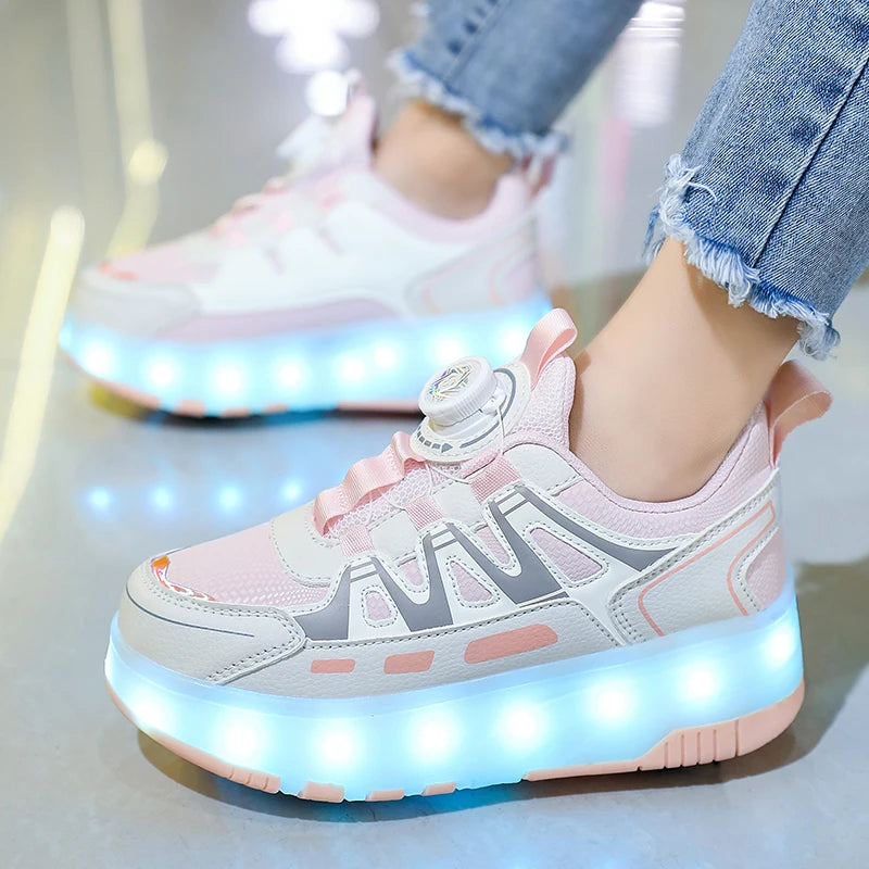 Children Four Wheels Luminous Glowing Sneakers Black Pink Led Light Roller Skate Shoes Kids Led Shoes Boys Girls USB Charging.