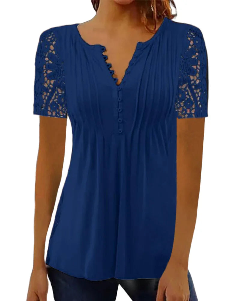 Summer Spring New Women's Loose and Comfortable Casual Lace V Neck Printed Blouse Floral Short Sleeve Elegant Fashion Shirt.