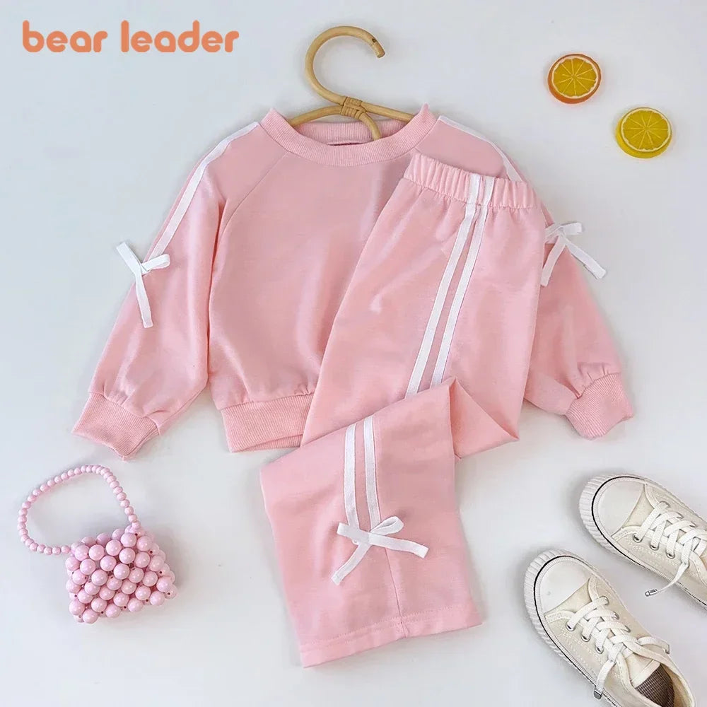 Bear Leader Kids Clothes Girls Autumn Fashion Bow Decoration Pink Sports Top+Pants Two-piece Sets Children's Daily Casual Wear.
