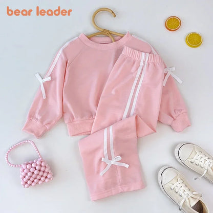 Bear Leader Kids Clothes Girls Autumn Fashion Bow Decoration Pink Sports Top+Pants Two-piece Sets Children's Daily Casual Wear.