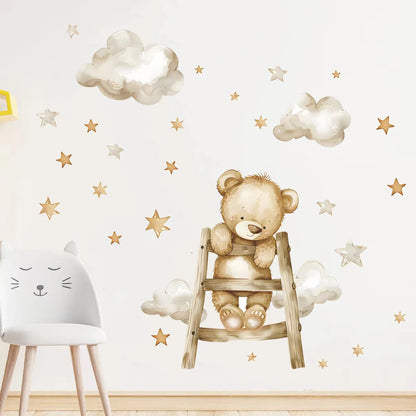 Cute Bear Moon Star Wall Stickers for Kids Rooms Girls Boys Baby Room Decoration Kawaii Cartoon Animal Nursery Wallpaper Vinyl