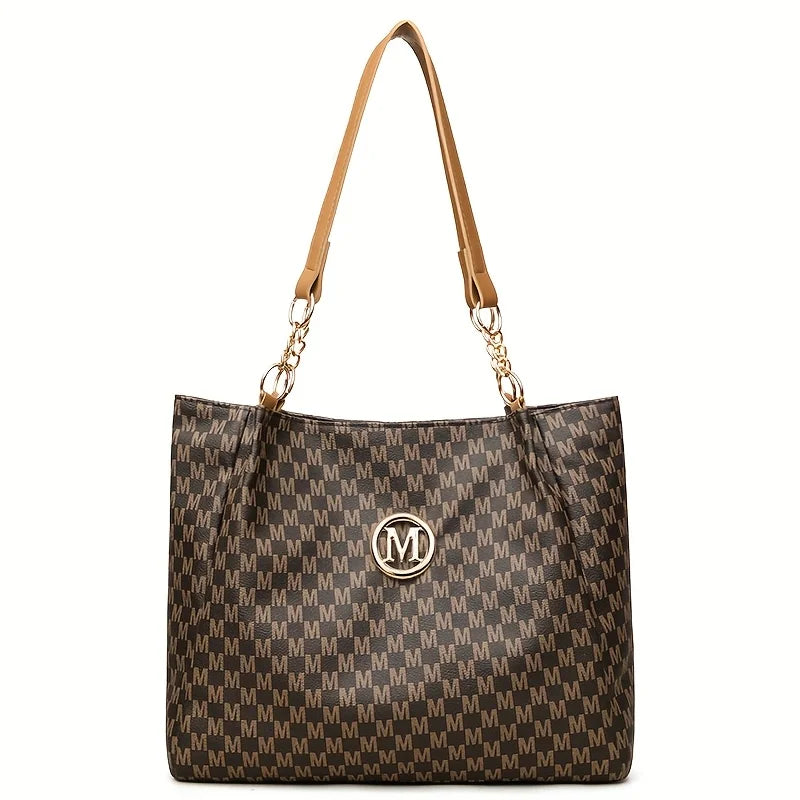 Vintage Geometric Tote Bag Synthetic Leather Letter "M" Design for Women Handbag Shoulder Bag Large Capacity Shopping Travel Bag.